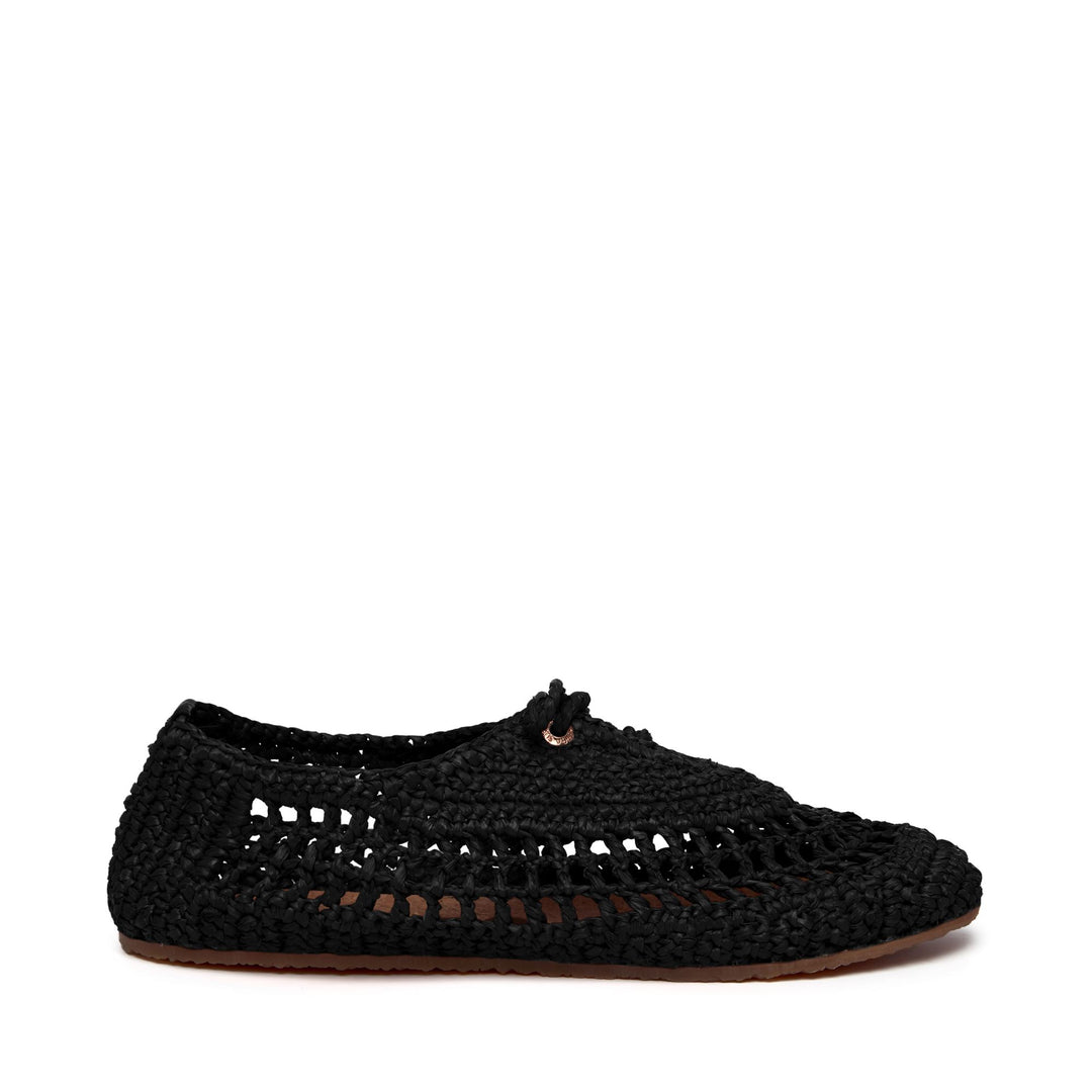 Woman's Black Ballerina Sneakers with Raffia Crochet Upper 01