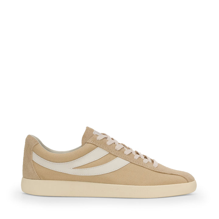 Baskets basses beiges unisexes avec empeigne en coton et daim 1