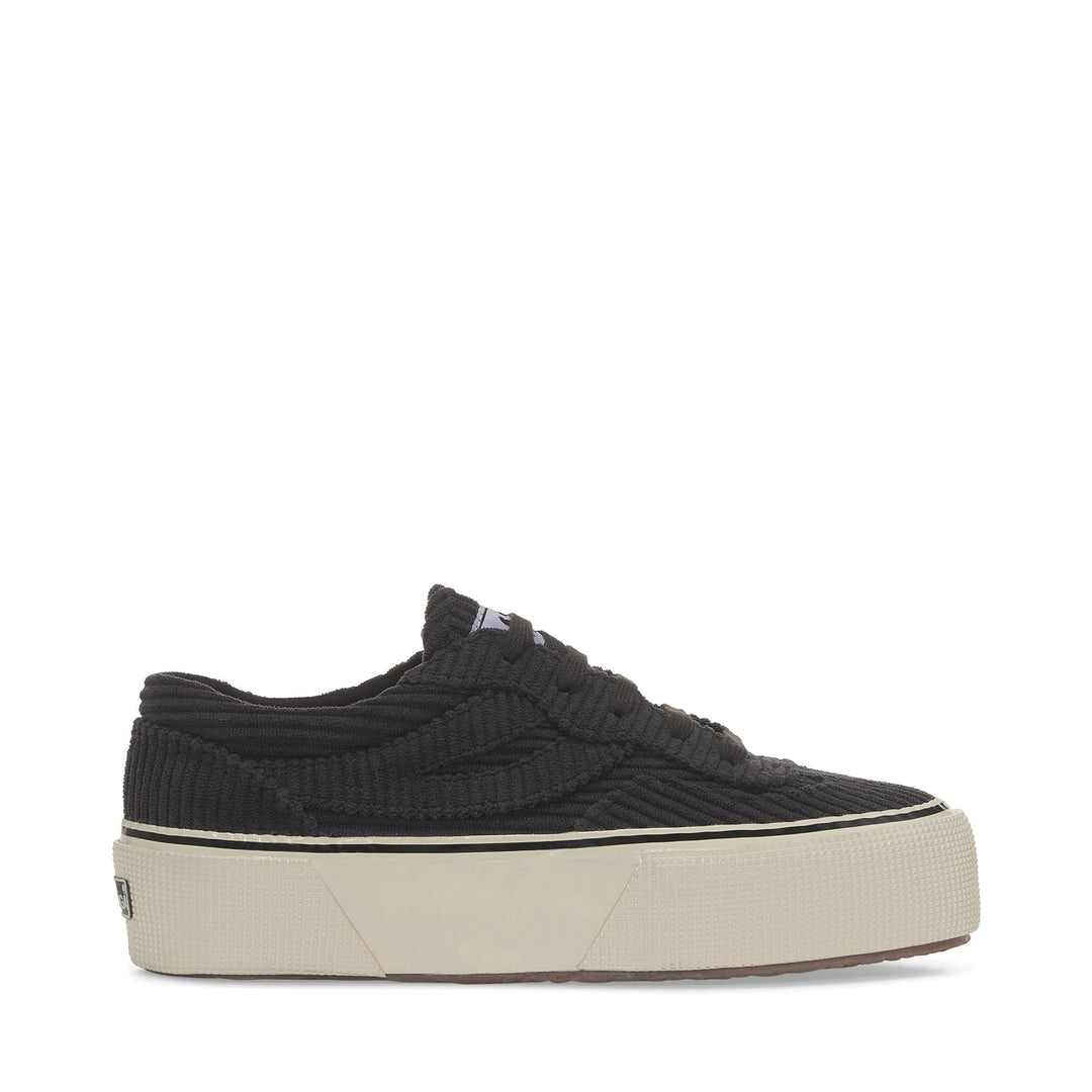Woman's Black Platform Sneakers with Corduroy Upper 01
